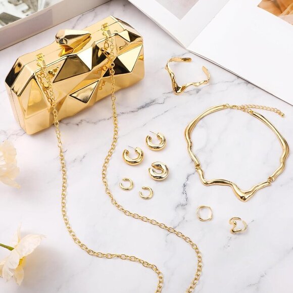 Chic 8-Pcs Gold Evening Clutch Set with Jewelry - Ideal for Weddings & Parties - Picture 2 of 8